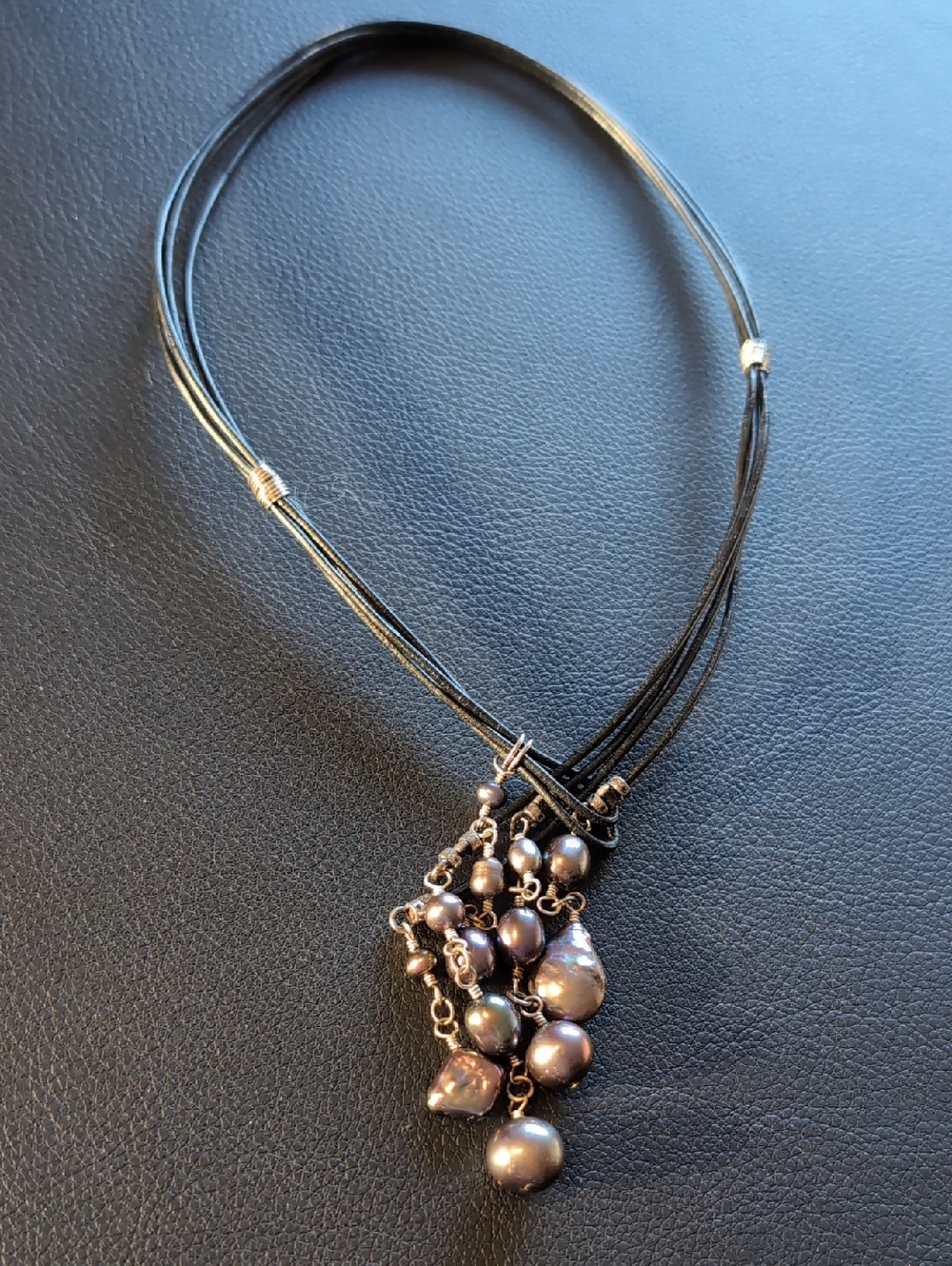 Multi-Strand Leather Lariat with Dark Pearl/stone Cluster